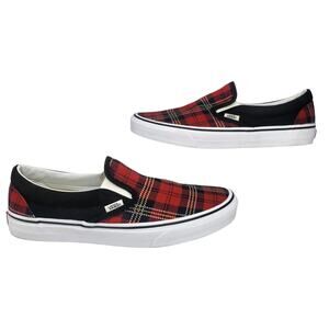 Vans Shoes Mens 9.5 Red Black White Plaid Slip Ons Sneakers Skate Skateboard